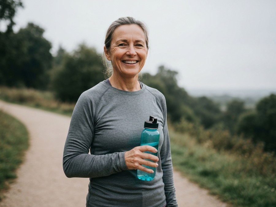 Uśmiechnięta osoba dorosła w średnim wieku, uprawiająca jogging na świeżym powietrzu, symbolizująca aktywność i zdrowie
